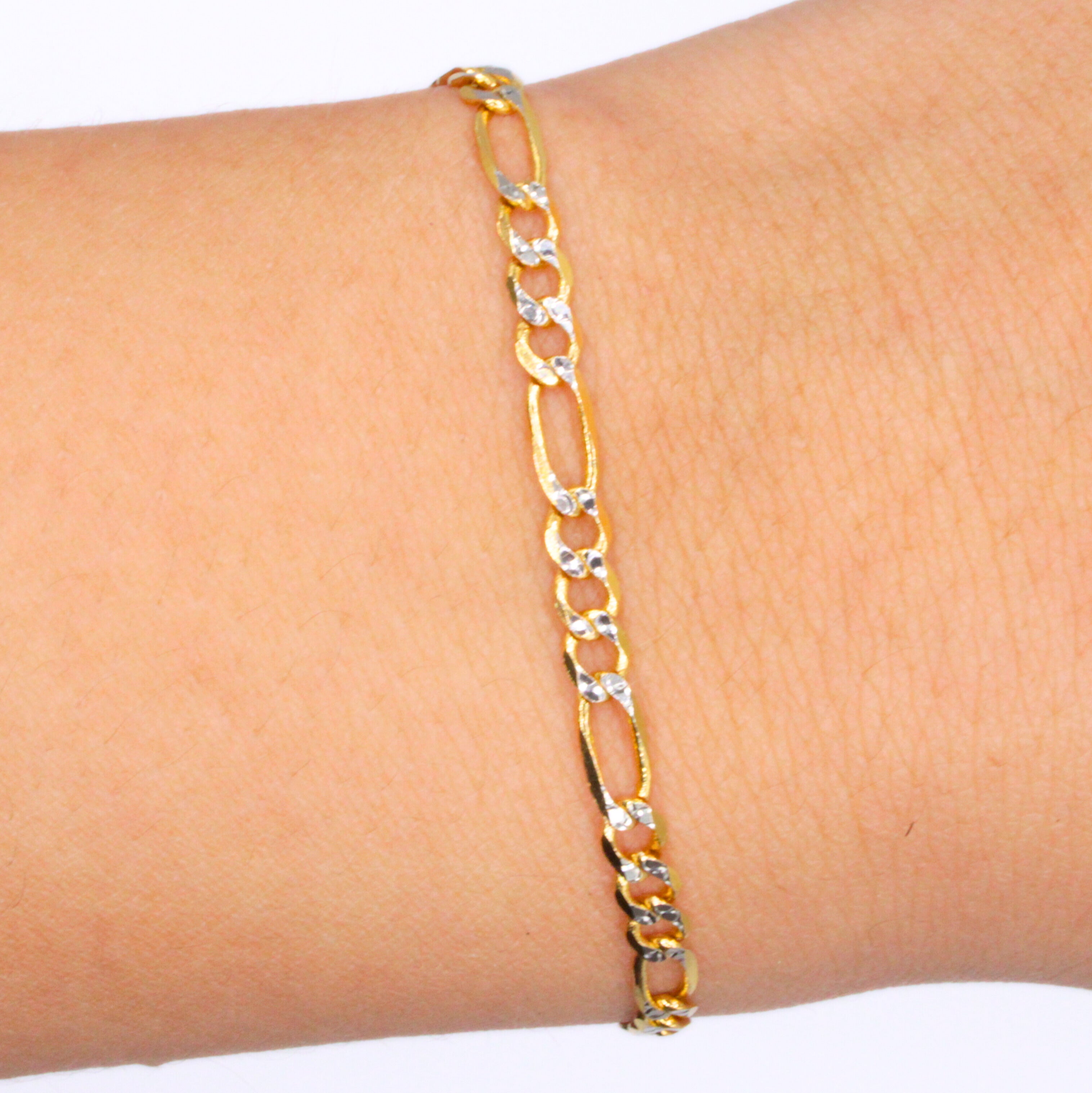 14K Solid Gold Figaro Chain Link Bracelet - Diamond Cut - 3.2mm - 7