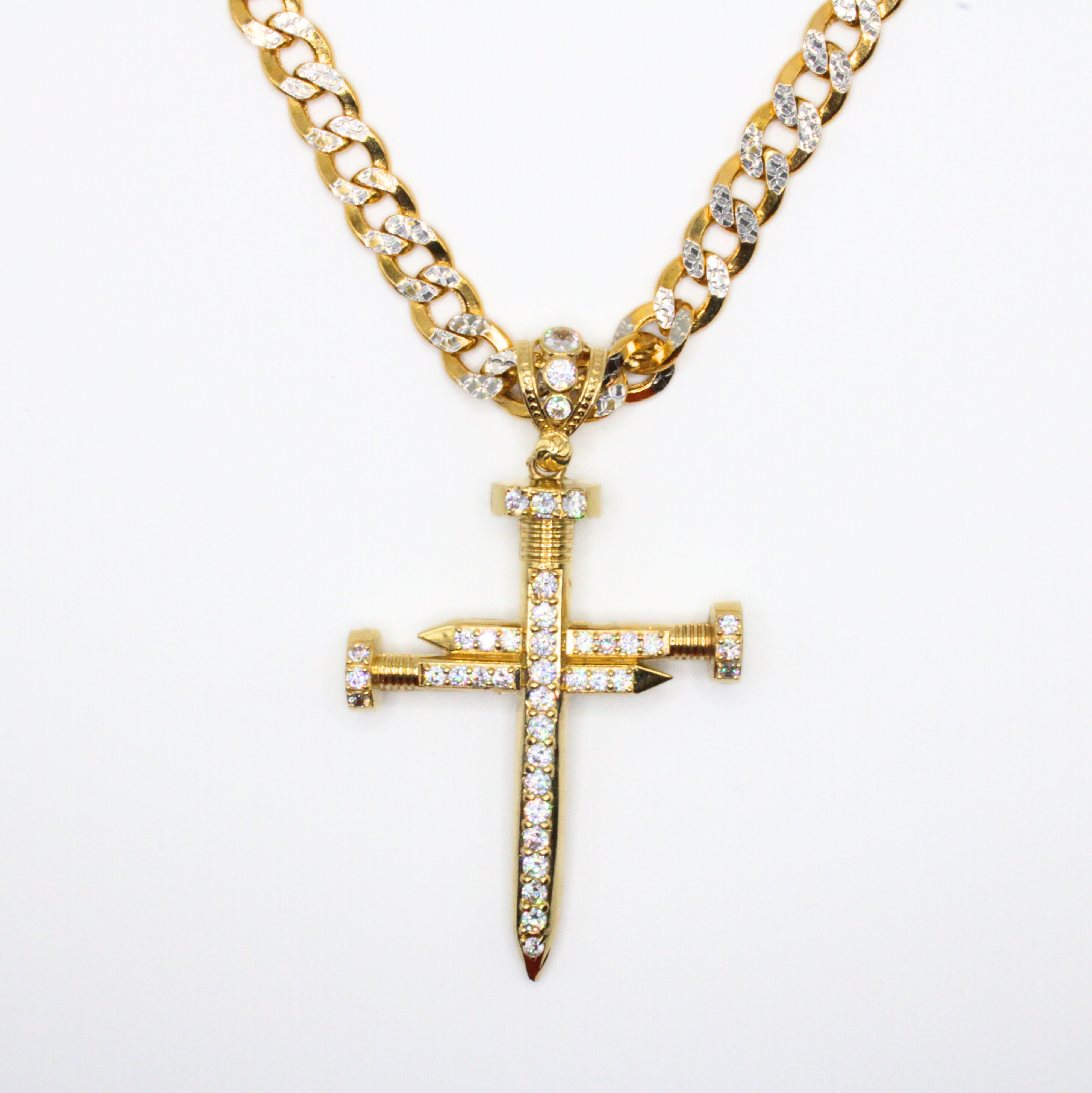 14K Gold Nail Cross Necklace with CZ - Cuban Curb Chain Link