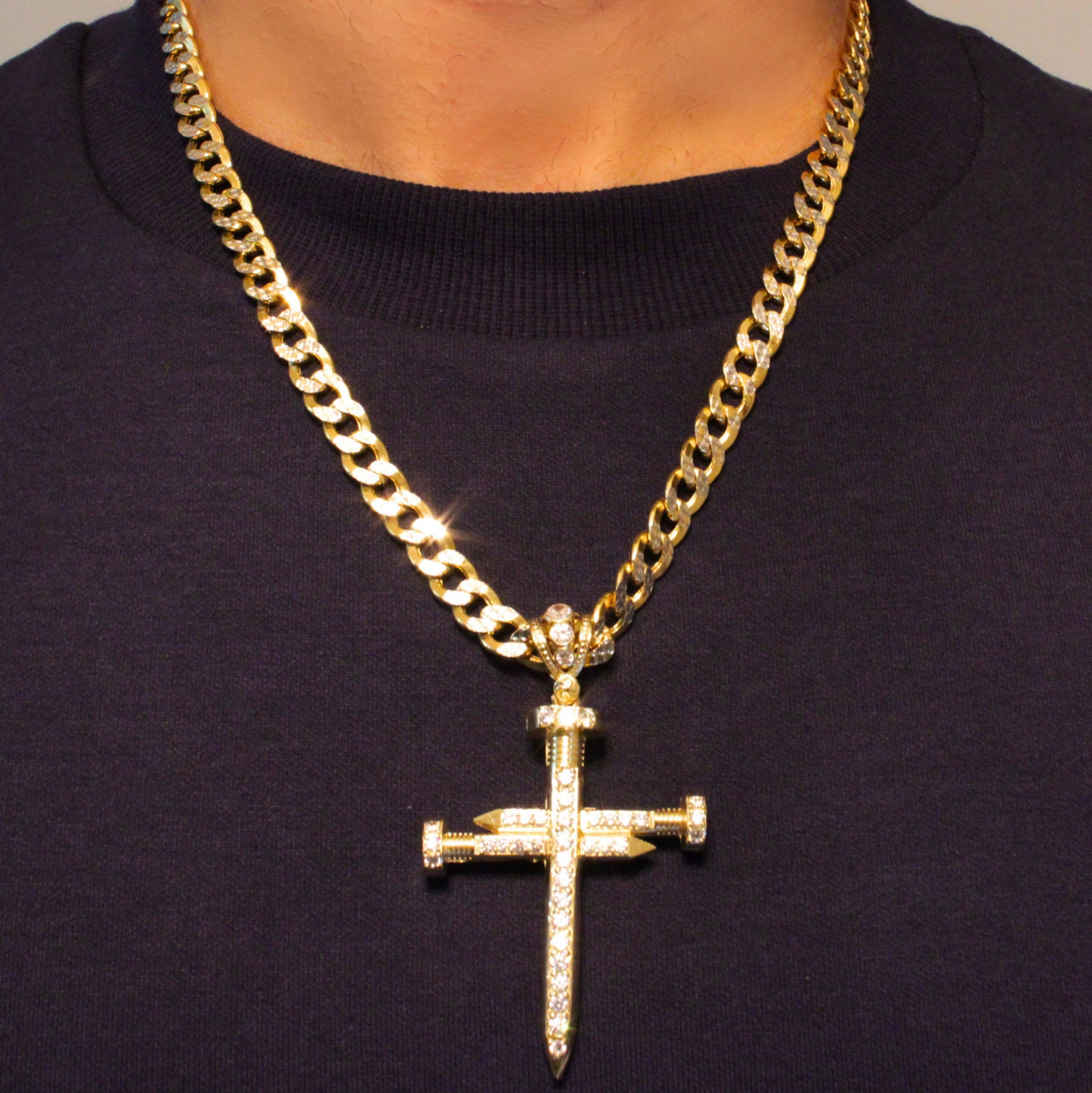 JAY-Z DUSSE DOUBLE CROSS PENDANT 14K GP GOLD CUBAN LINK CHAIN